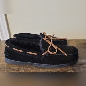 Dearfoams Black Suede Loafers with Tan Laces